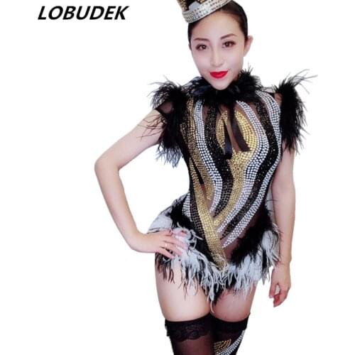 Black White Feathers Rhinestones Bodysuit Nightclub Party Catwalk Mesh See-through Stage Costume Women Singer Crystals Jumpsuit