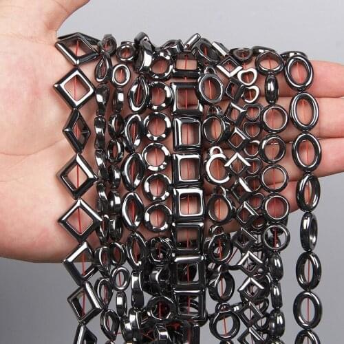 Natural Stone Hollow Out Square Heart Round Black Hematite Beads Flat Loose Beads For Jewelry Necklace Bracelet Making DIY Gifts