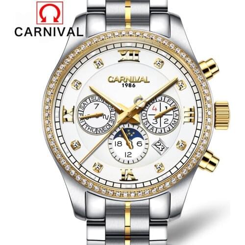 Carnival Luxury Brand Multi-function 6 Hands Mechanical Watch Waterproof Luminous Full Steel Business Mens Watches 2017 New