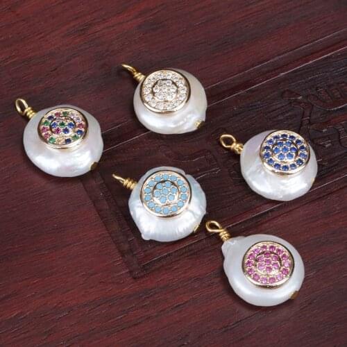 Cz paved double round disc disk coin evil eye charms freshwater pearl pendant bead charm for choker earring jewelry making