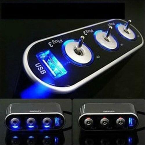 Dropshipping Do CSV 3 Way Triple Car Cigarette Lighter Socket Splitter 12V/24V +USB+LED Light Switch