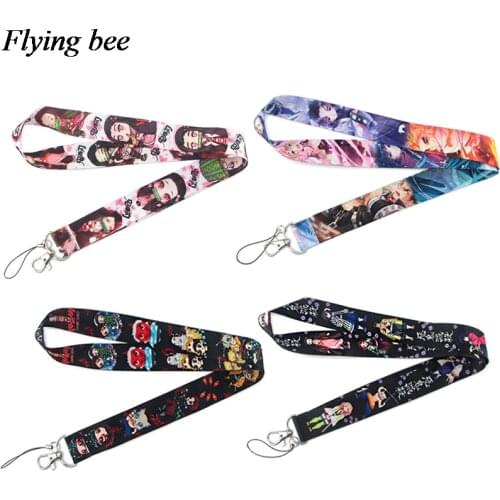 Flyingbee Kimetsu no Yaiba Anime Keychain Demon Slayer Lanyard For Keys Phone ID Name Tag DIY Hang Rope Key Ring Gifts X0837