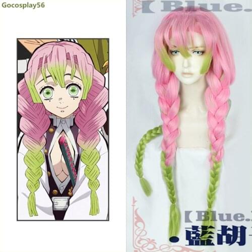 Demon Slayer Kanroji Mitsuri Cosplay Wig Kimetsu no Yaiba Thick Three Braids Ponytail Gradient Pink Green Hair Halloween