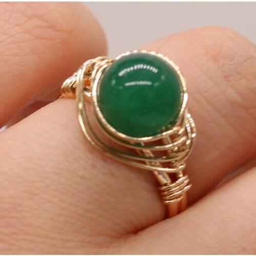 Healing Reiki Rings Golden Wire Wrap Natural Round Bead Rose Quartz Crystal Stone Handmade Rings DIY Retro Women Jewelry Gift