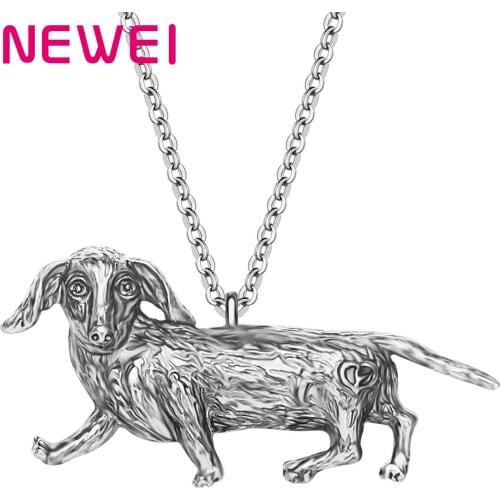 Newei Alloy Plated Antique Silver Duchshund Dog Necklace Long Lovely Animal Pendant Chain For Women Girl Friends Gift Decoration
