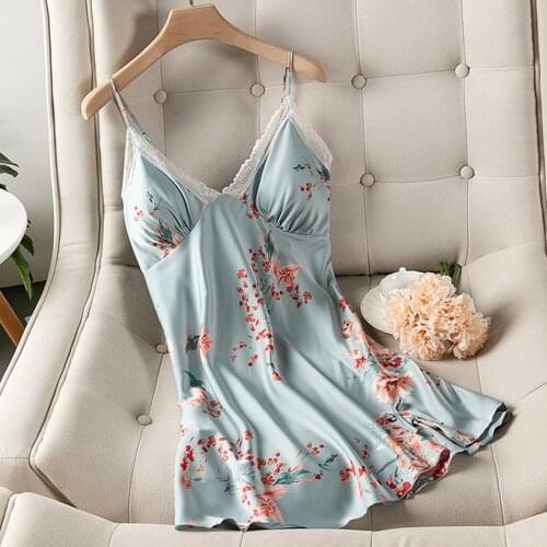 Fdfklak Women Silk Satin Night Dress Lace Night Gown Summer Home Dress V-neck Femme Sexy Nightwear Sleeveless Nighty