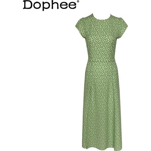 Retro Green Floral Backless Dress for Women Mid-Length Dress Summer New Vacation Long Dress Elegant Sexy Short Sleeve Dress