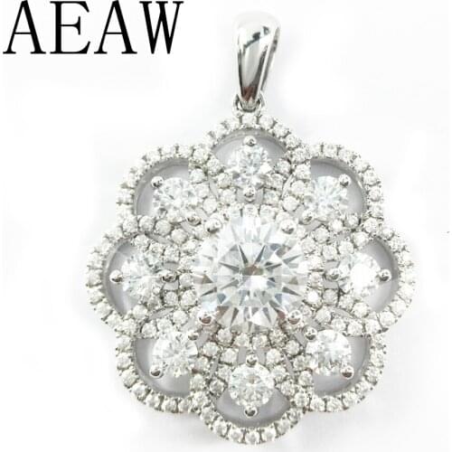 AEAW 14K Whtie Gold F Color Lab Grown Moissanite Pendant with moissanite Accents Solid Women Slide Pendant