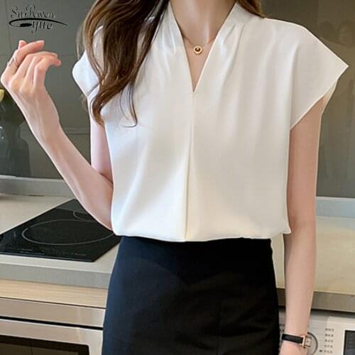 White Summer Solid Plus Size Tops V-neck Elegant Satin Blouse Women Fashion Short Sleeve Woman Shirts Blusas De Mujer 2021 14341
