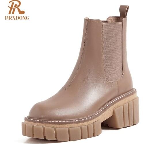2021 New Chelsea Boots Top Quality High Heels Ankle Boots Genuine Leather Round Toe Platform Slip On Women Shoes Female Winter
