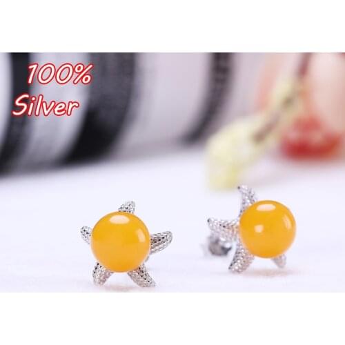 100% 925 Sterling Silver Color Starfish Earrings Blank Inlaid 6MM-9MM Beeswax Amber Earrings for Women Fine Jewelry Setting