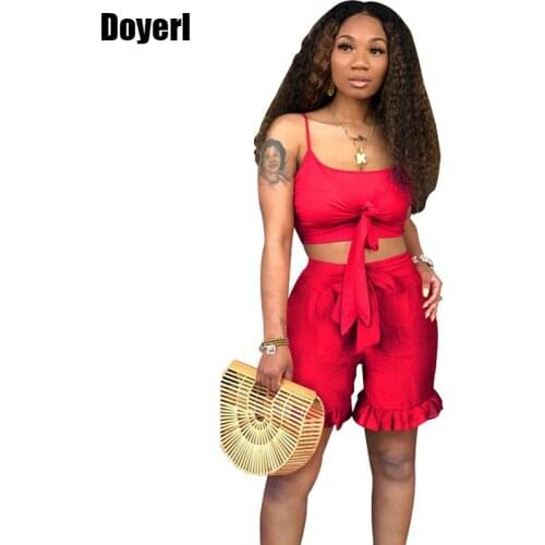 Ruffle Sexy Two Piece Set Women Knot Crop Top Elastic Hight Waist Short Pants Set Women Streetwear Summer Matching Sets Outfit