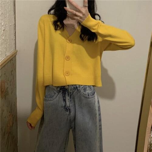 Autumn Newly Women Cardigans 2020 Fashion Loose Ladies Short Knitted Sweater Long Sleeve Buttons V Neck Solid Sweaters New
