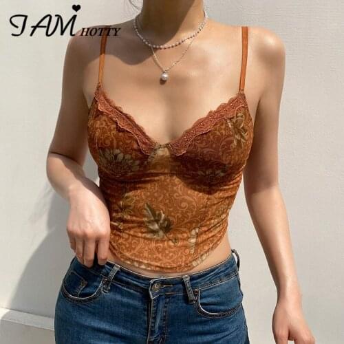 Leaves Printed Lace Patchwork Mesh Cami Crop Top Women Sexy Spaghetti Strap Brown Milkmaid Tube Corset Tops Beach 2021 Iamhotty