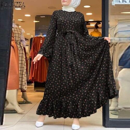 Women Muslim Long Dress Loose Robe Casual Print Maxi Sundress ZANZEA 2021 Spring Ladies Long Vestidos Bandage turkish Clothing