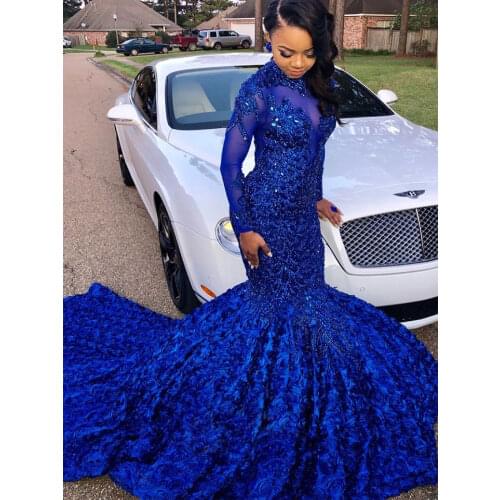 Luxury Evening Formal Dresses Lace Appliqued Beading Full Sleeve High-Collar Covered Button Mermaid Gowns Novia Do 2021