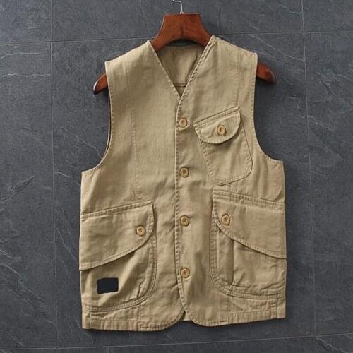 Men Vest Retro Cotton Vest Men Casual Waistcoat with Multi Pocket Man Clothes