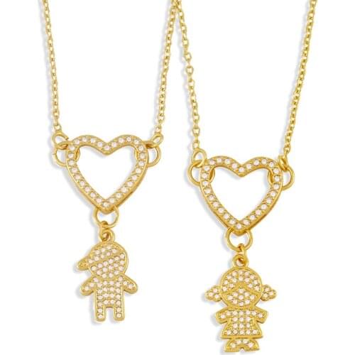 FLOLA Gold Chain Copper CZ Boy and Girl Necklace Pendant Crystal White Stone Heart Necklace Jewelry For Women nkew21