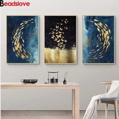 5d diy diamond Painting Full Drills Golden Fish Butterfly Diamond embroidery Abstract art Pictures for Living Room 3pcs Decor