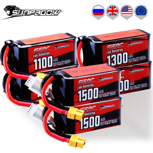 2packs Sunpadow 14.8V 4S Lipo Battery1100mAh 1300mAh 1500mAh 120C Soft Pack with XT60 Plug for RC FPV Quadcopter Drone Airplane