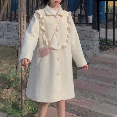 White Wool Winter Coat Women Warm Sweet Loose Trench Coat Female Button Patchwork Korean Japanese Kawaii Chic Thick Coat