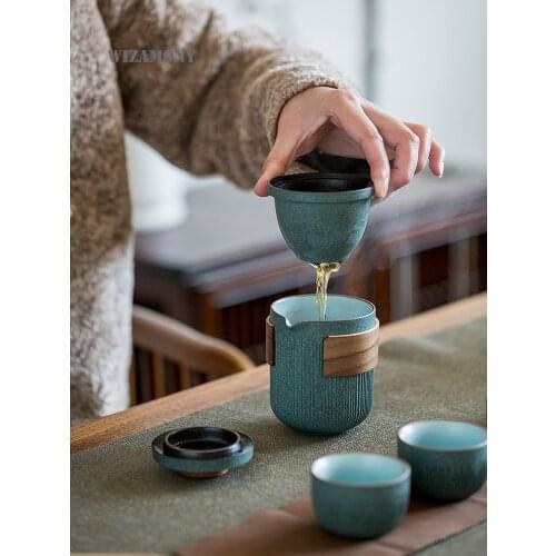 Turquoise glazed striped clipper cup a pot of two cups four cups ceramic travel portable tea set outdoors