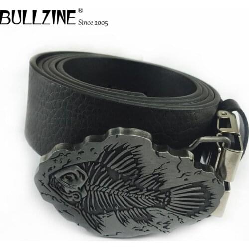 Bullzine retro zinc alloy western fish skull cowboy jeans belt buckle pewter finish free PU belt FP-03123 drop shipping