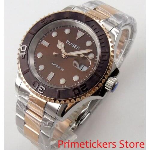 Sapphire crystal BLIGER 40mm brown dial coffee ceramic rotating bezel automatic movement mens watch
