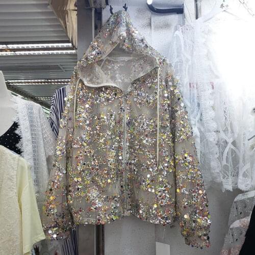 European And American Fashion 2021 Spring And Summer New Heavy Industry Color Sequin Hollow Out Hooded Thin Coat Sunscreen Women
