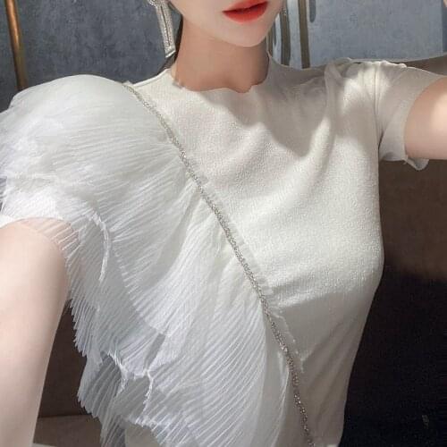 Women T-shirt Chiffon Appliques Summer New Fashion Korean Lady Small Fresh Tees High Street Short O-Neck Y2K Tops Girls T-shirts