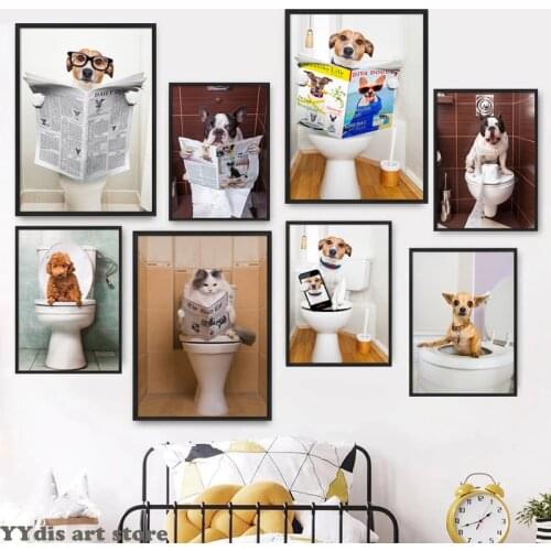 Funny Animal Dog Read Newspaper Oil Painting on Canvas Wall Art Poster Prints Wall Art Picture for Bathroom Toilet Decoration