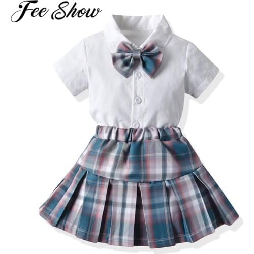 2Pcs Kids Girls Plaid Skirt Outfits Short Sleeve Bowknot Shirt Tops Pleated Mini Skirt Childrens Japanese Style School Uniforms
