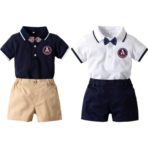 Summer Cotton Gentleman Baby Boys Clothes Sets Short Sleeve Rompers +Shorts +Bow tie Shirt Rompers Pants