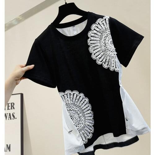 Summer Women t shirt patchwork chiffon Embroidery beading loose tshirt slim cotton tops
