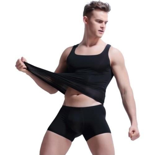 Tank Top Vest Shorts 2019 Sexy Ice Silk Fitness Top Slevess Solid O Neck Fashion Undershirts Mens Bodybuilding Clothing