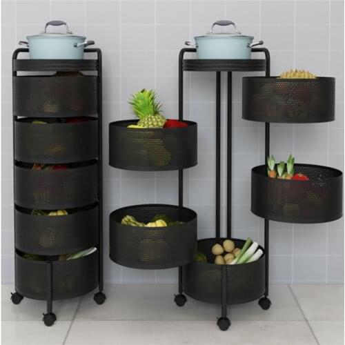 Multi-purpose Kitchen Storage Shelf with Wheel Standing Floor Rotating Round Vegetable Fruits Organizer Basket Mutli-Layer Rack