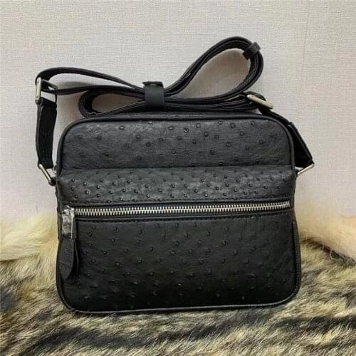 Authentic Real True Ostrich Skin Mens Small ZIP Flap Purse Causal Cross Shoulder Bag Genuine Exotic Leather Male Messenger Bag