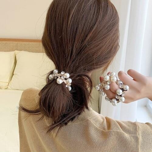 New Women Elegant Pearl Crystal Rhinestone Elastic Hair Bands Ponytail Rubber Rope Scrunchies Headband Fashion Hair Accessories