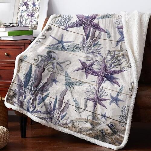Ocean Watercolor Creatures Starfish Octopus Throw Blanket Soft Fleece Blankets Winter Blanket Portable Picnic Blankets