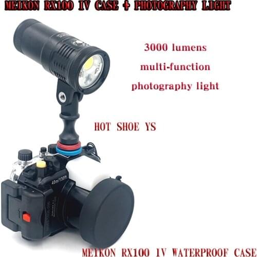 Underwater Waterproof Housing Case for Sony RX100 IV + Diving Torch Flashlight D3000 + Hot Shoe Arm 360 degree turnable YS mount