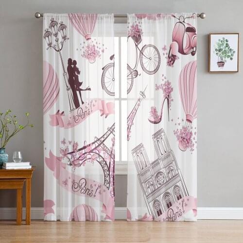 Pink Eiffel Tower High Heels Flower Bicycle Window Tulle Curtains for Living Room Bedroom Hotel Luxury Decoration Sheer Curtains