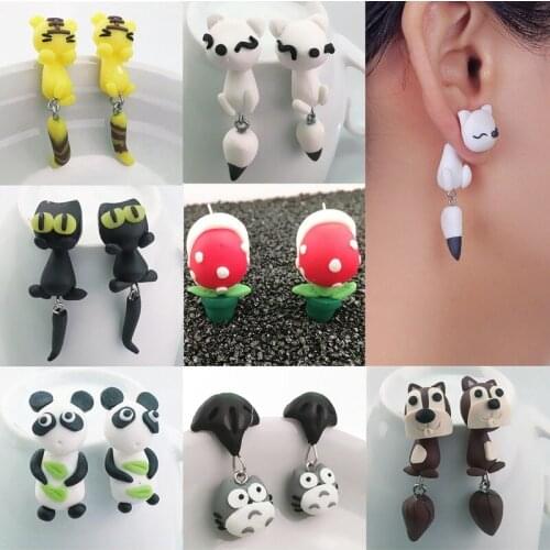 1Pair New Cute Animal Soft Clay Earrings Cute Piranha Fox Cat Cartoon Handmade Earrings Earrings Earings Fashion Jewelry 2020