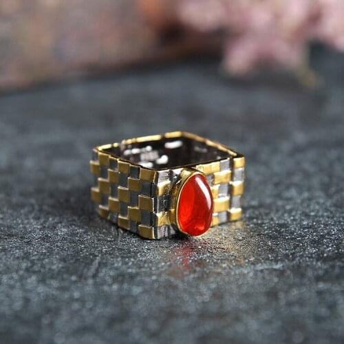 Vintage Custom Jewelry Natural Gemstone Fire Opal Retro Thai Silver Square Weaving S925 Sterling Silver Open Ended Ring