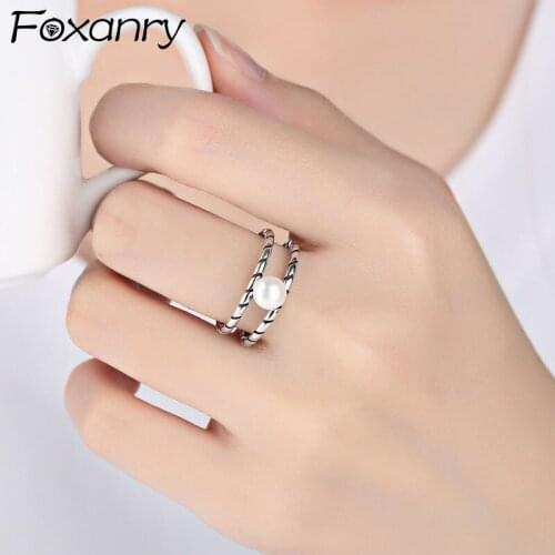 Foxanry 925 Sterling Silver Vintage Pearl Rings for Women New Fashion Simple Multilayer Geometric Thai Silver Party Jewelry Gift