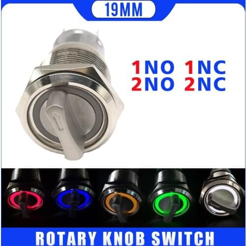 19mm 2 3 Position Switch Push Button Switch DPDT Illuminated Metal selector Rotary Switch with LED Waterproof Stainless Steel