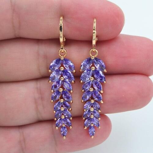 AAA+ Cubic Zirconia Gold Color Fashion Women Luxury Purple CZ Leaf Engagement Earrings Jewelry