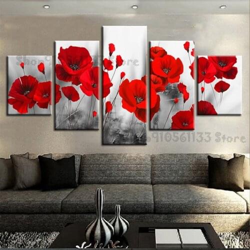 Diamond painting 5 Pieces Romantic Poppies Paintings Red Flowers Poster Modular Home Decor GG4338