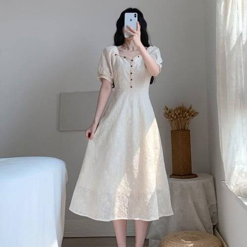 White Square Collar French Vintage Hepburn Temperament Nlegant Fashion Simple Maxi Dress Lantern Sleeve Lace Party Dresses