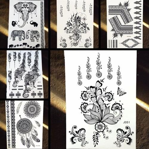 YURAN Brand Large Mehndi Flower Temporary Black Henna Tattoo Stickers Women Body Art Tatoo Fake Lace Tattoo Figner Hands Designs