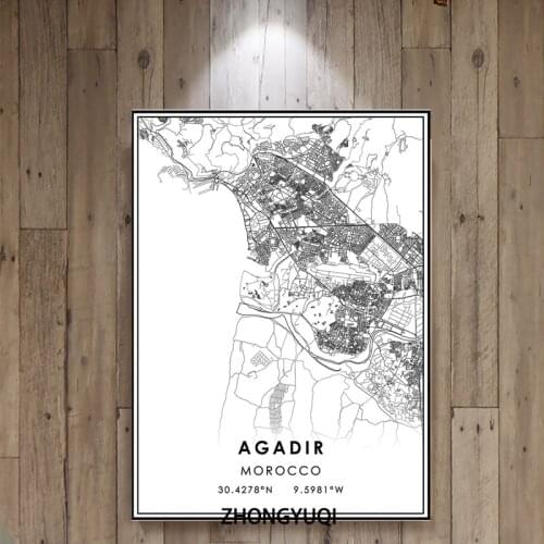 Black and White World City Map AGADIR Wall Art Canvas Poster Prints Nordic Style Paintings Picture for Living Room